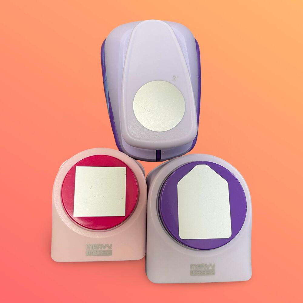 Marvy Uchida Paper Punch Bundle 3" Circle Large Square & Craft Tag Purple Pink